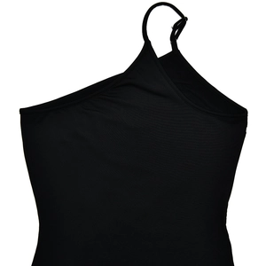 Detail of black one-shoulder strap with adjustable buckle on smooth elastic fabric