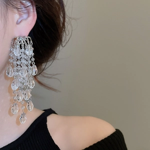 Detailed view of silver luxury tassel drop earrings with sparkling crystal accents