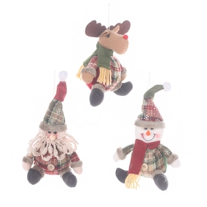 Christmas plush ornaments set featuring Santa, Reindeer and Snowman with plaid fabric details