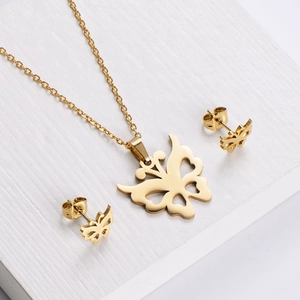 Elegant gold titanium steel jewelry set featuring cutout butterfly necklace and earrings