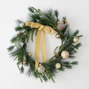Christmas Wreath Artificial PE Pine Needles With Velvet Bow Bells Ornaments Hanging Door Wall Home Holiday Decoration Nordic Style