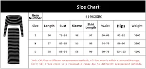 Detailed size guide table for striped off-shoulder top and bodycon skirt set
