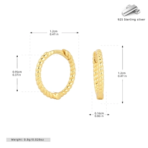 Detailed dimensions of 925 sterling silver gold twisted hoop earrings with size markings