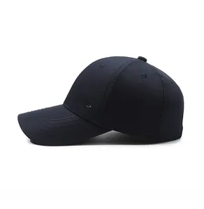 Detailed side view of navy blue baseball cap featuring grey Spirit 3D embroidery