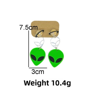 Detail of green acrylic alien earrings with silver metal wire outline on a display card