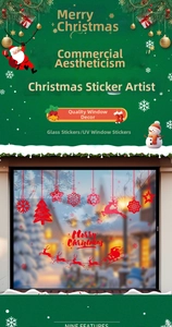 Detailed view of red Merry Christmas static stickers featuring Santa and reindeer on glass