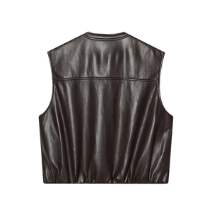 Detailed back view of dark brown faux leather vest with elastic hem and crinkled texture