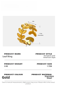 Detailed view of adjustable gold leaf ring showing 3.5g weight and 1cm width specifications