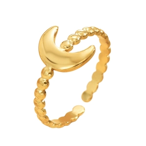 Polished 18K gold-plated stainless steel crescent moon open ring for women