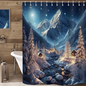 Detailed snow scene shower curtain with winter mountains and starry night in a cozy bathroom