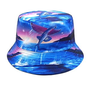Close-up of seamless stitching and deep sea flying fish pattern on a sun bucket hat