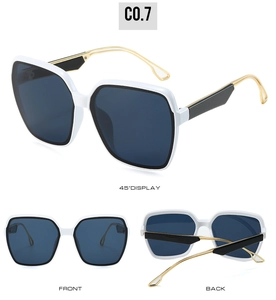 Multi-angle views of square sunglasses with white frames and blue gradient lenses