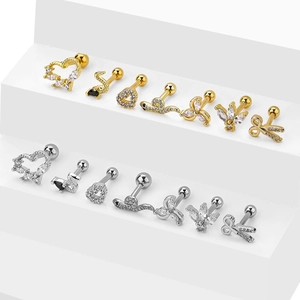 Surgical steel heart and animal stud earrings set with zircon stones for ear piercings