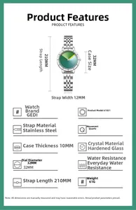 GEDI tech quartz watch with green gradient dial and detailed technical specifications
