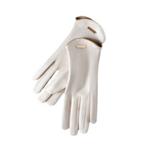 Beige faux suede thermal gloves for women with gold fashion plate and fleece lining