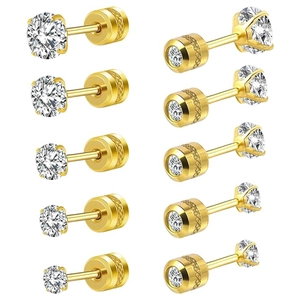 Set of 5 pairs of gold plated cubic zirconia stud earrings in varying sizes for women