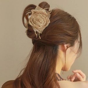 Elegant large fabric rose hair claw clip in champagne beige for women's hairstyle