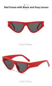 Detail of red cat eye sunglasses featuring wide temples and golden metal hinge accents
