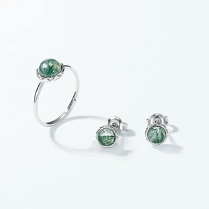 Minimalist S925 sterling silver jewelry set featuring green moss agate studs and ring