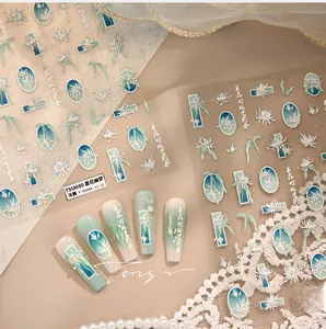 Detailed 5D embossed epiphyllum nail stickers TS-4080 with floral relief and pearl accents