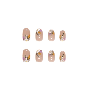 Elegant oval press-on nails with delicate floral patterns on a soft pink base