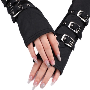 Guanti lunghi neri stile punk senza dita con fibbie metalliche regolabili per feste