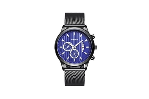Detail of dark blue striped dial with three sub-dials and black mesh metal watch strap