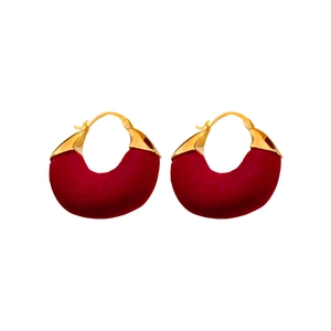 Elegant wine red flocked U-shape hoop earrings with gold-plated metal clasp for women
