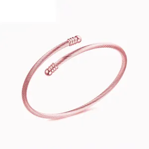 Minimalist rose gold stainless steel cable wire cuff bracelet with textured bead ends