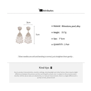 Detailed size and material diagram of vintage pearl and rhinestone teardrop earrings