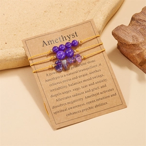 Detailed view of handmade Amethyst braided cord bracelets with irregular stone beads