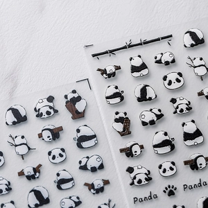 3D embossed panda nail art stickers featuring lazy panda and bamboo on clear background