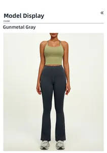 Detail view of high waisted gunmetal grey flared yoga leggings with breathable fabric