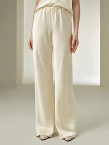 Women High Waist Wide Leg Satin Pants Elastic Waist Elegant Satin Texture Solid Color Straight Casual Trousers