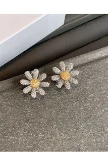 Macro shot of silver daisy earrings with yellow pavé-set zircons on grey velvet display
