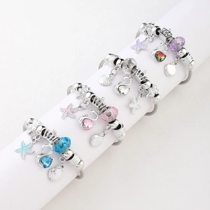 Stainless Steel Charm Bracelet Women Crystal Beads Alloy Heart Elephant Swan Pendant Adjustable Cable Bangle Jewelry