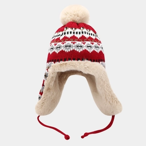 Bonnet de trappeur d'hiver en tricot avec pompon et doublure épaisse en fourrure