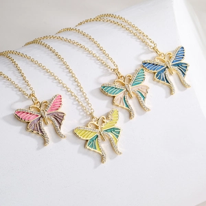 Butterfly Pendant Necklace Copper 18K Gold Plated Colorful Enamel Zircon Stone Jewelry For Women Girls Elegant Ins Style