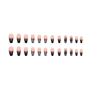 Black gradient ballet fake nails with mysterious butterfly patterns and pearl accents