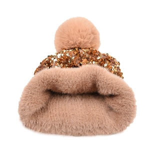 Detail view of pink knit hat with gold sequins and thick warm fleece lining