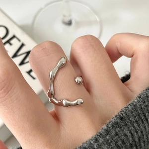 925 Sterling Silver Ring Irregular Liquid Metal Lava Texture Crossover Design Adjustable Opening Minimalist Style Women