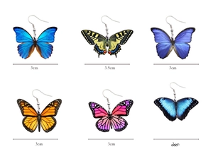 Detailed view of colorful butterfly wing earrings with 3cm and 3.5cm size markings