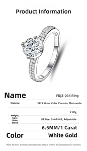 Detail view showing S925 silver 1ct moissanite ring with six-prong setting and specs