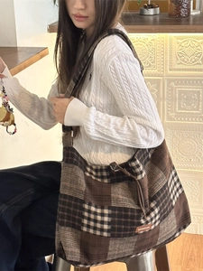 Grande borsa tote in lana a quadri per donna con tracolla in stile retrò giapponese