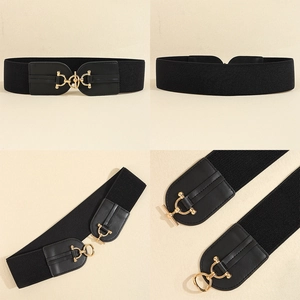 Detailed views of a black elastic waist belt with gold buckle and faux leather accents