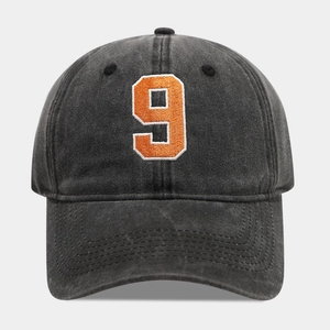 Vintage washed dark grey baseball cap with orange number 9 embroidery for men and women