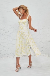 Detail of summer sleeveless midi dress with yellow floral print and drawstring chest design