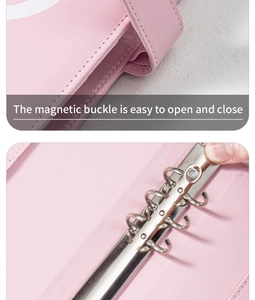 Detail of pink PU leather binder featuring a magnetic buckle and 6-ring metal binder mechanism