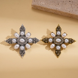 Vintage cross flower brooches with imitation pearls and crystals in gold and silver finish