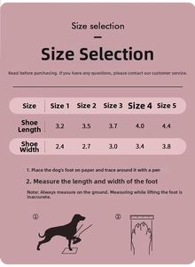 Detailed size chart for breathable dog shoes with foot measurement steps and size data guide